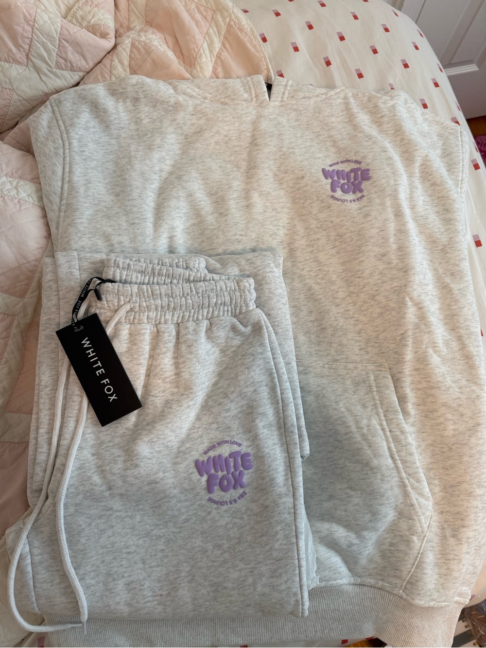 White Fox Boutique Light Gray Heather Sweatshirt & Sweatpan Set with Purple Logo - Picture 1 of 3